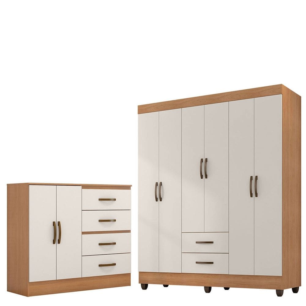 Kit Guarda-Roupa Casal 6 Portas com Cômoda Sapateira 4 Gavetas Lisa