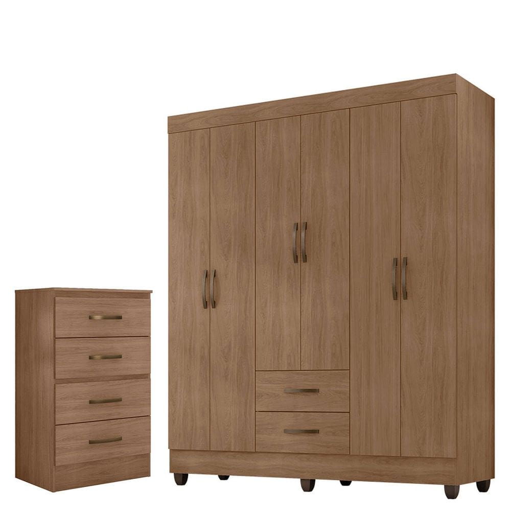 Kit Guarda-Roupa Casal 6 Portas com Cômoda 4 Gavetas Lisa