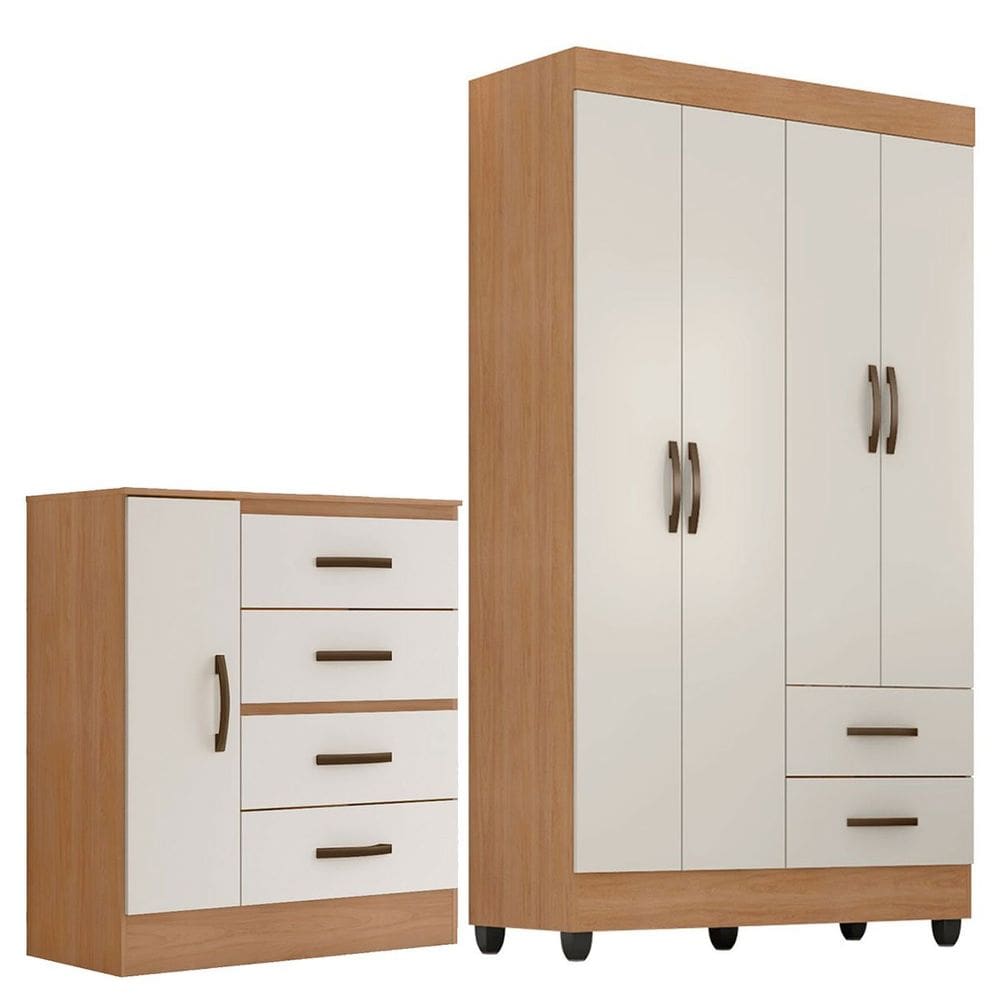 Kit Guarda-Roupa Solteiro 4 Portas com Cômoda Sapateira Lisa
