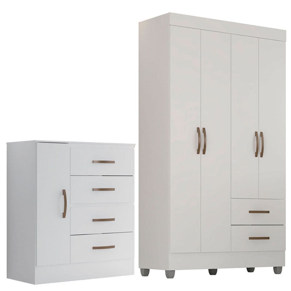 Kit Guarda-Roupa Solteiro 4 Portas com Cômoda Sapateira Lisa