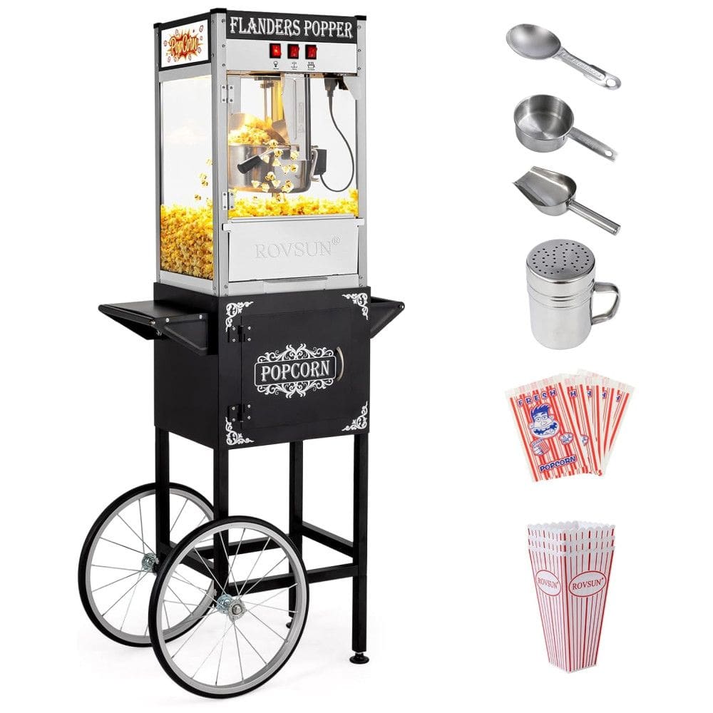 Máquina de Pipoca ROVSUN Estilo Cinema com Carrinho e Rodas, Chaleira de 283 g, Faz Até 15 Litros, Vem com Colher de Pipoca, Colher de