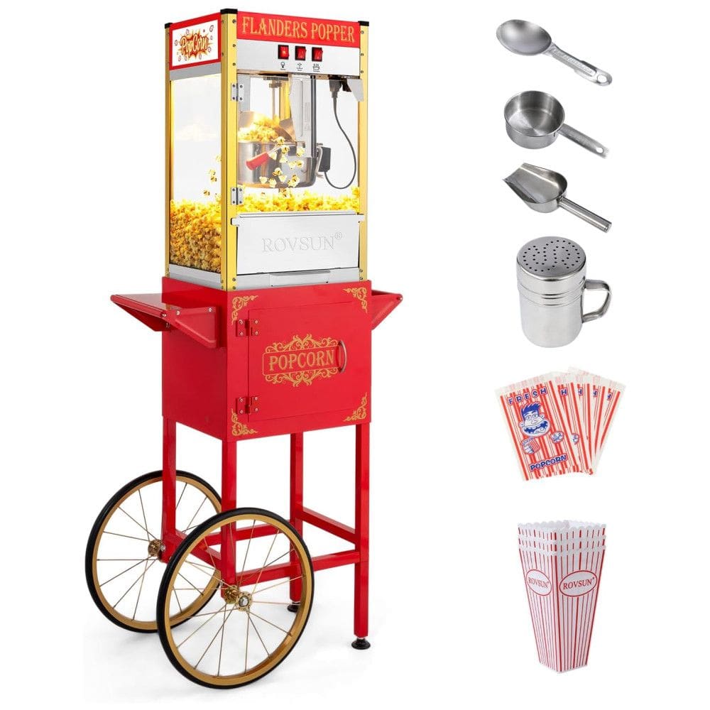 Máquina de Pipoca ROVSUN Estilo Cinema com Carrinho e Rodas, Panela de 280 g, faz até 15 L, Acompanha Concha, Colher de Óleo, Copos e