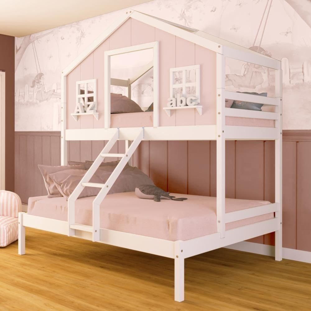 Beliche Casal/ Solteiro Casinha Dos Sonhos Madeira Maciça Rosa/ Branco Megamobilia