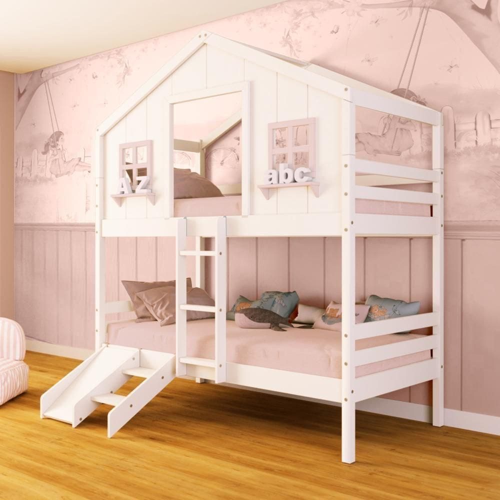 Beliche Casinha Dos Sonhos Com Escada/ Escorregador Madeira Maciça Branco/ Rosa Megamobilia