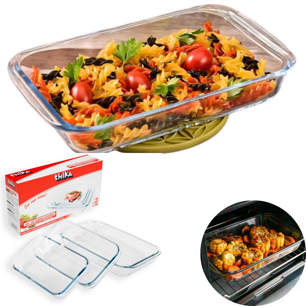 Kit Conjunto com 03 Assadeiras Travessas De Vidro Retangular Refratárias Forno Microondas