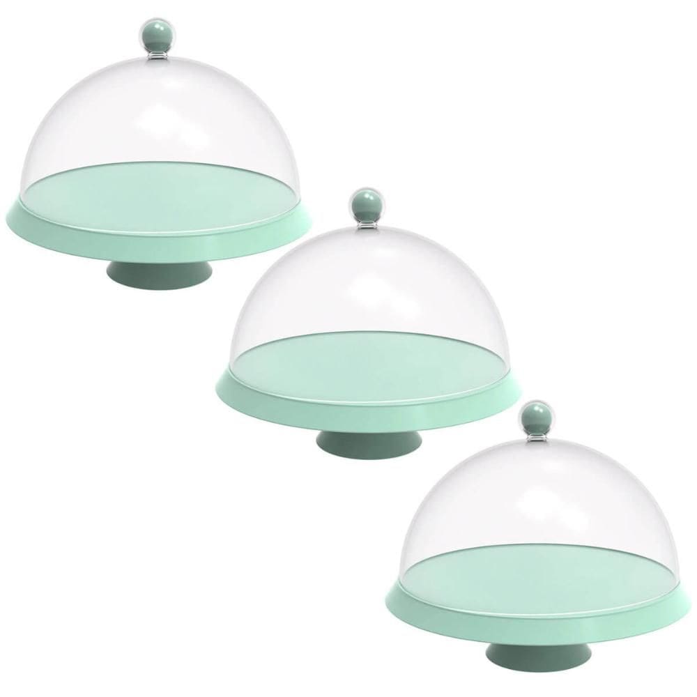 Kit 3 Porta Bolos 25cm Verde Menta com Cúpula e Pé Bubble Crippa Tortas Doces Boleira