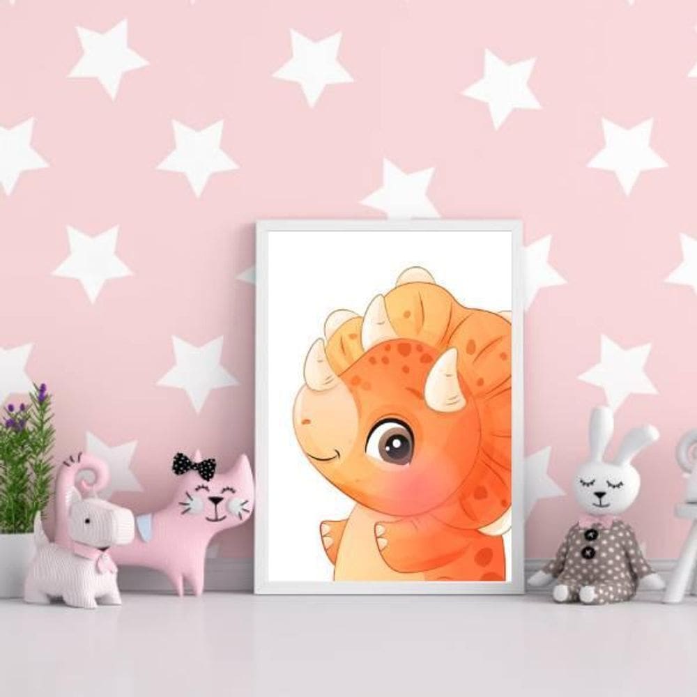 Quadro Decorativo Dinossaurinho Laranja 24X18Cm - Com Vidro