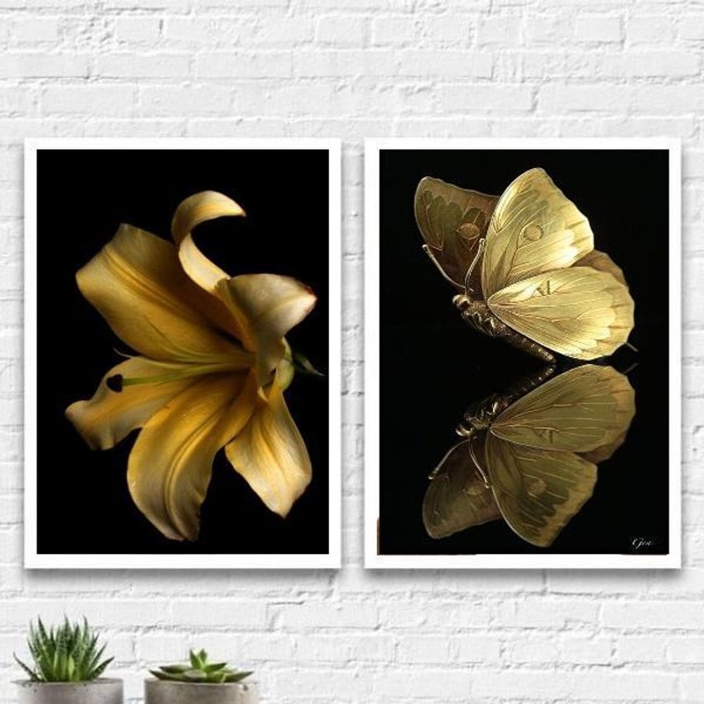 Kit 2 Quadros Flor E Borboleta Ouro E Preto 33X24Cm