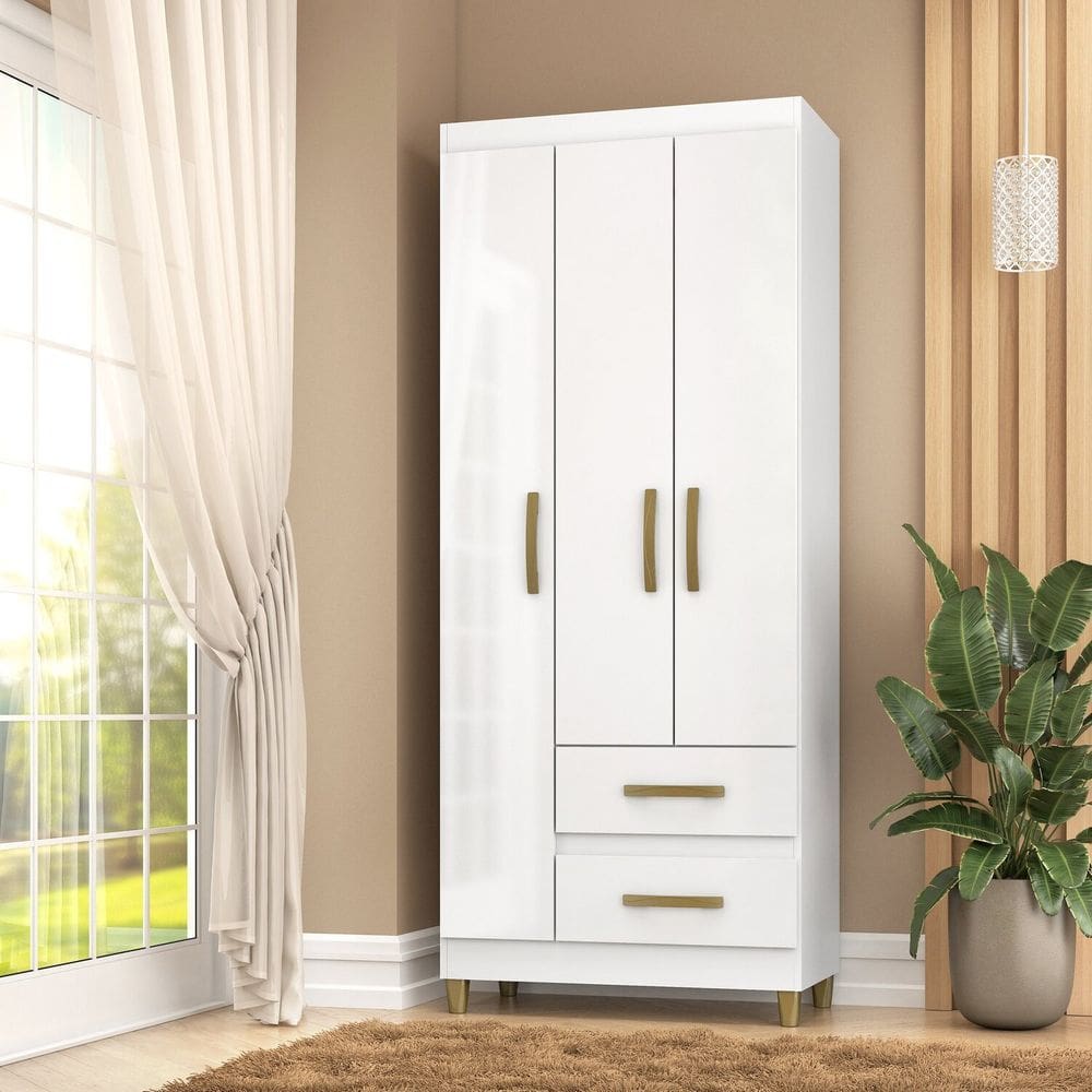 Roupeiro Porto 3 Portas 2 Gavetas 75x180x40cm Branco