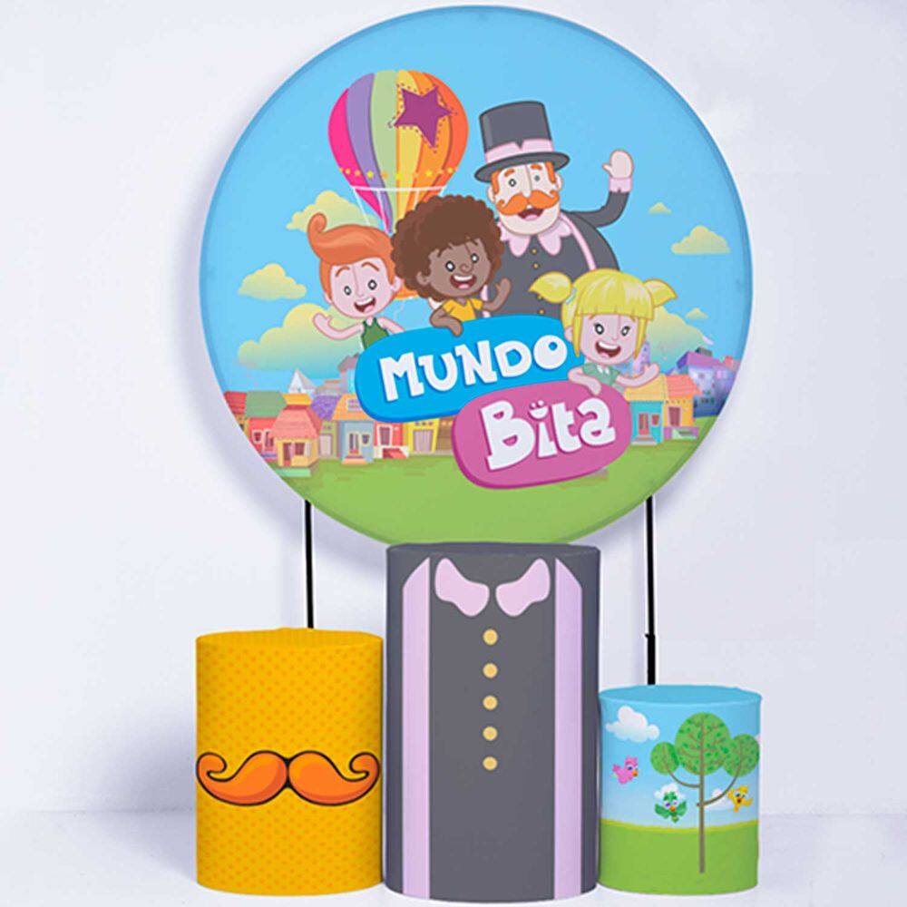 Kit Painel de Festa Redondo de 1,50m e Trio de Cilindros Mundo Bita - Fera Print