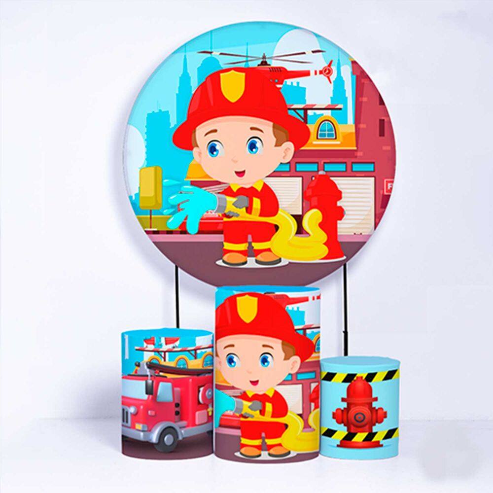 Kit Painel de Festa Redondo e Trio de Cilindros Bombeiros - Fera Print