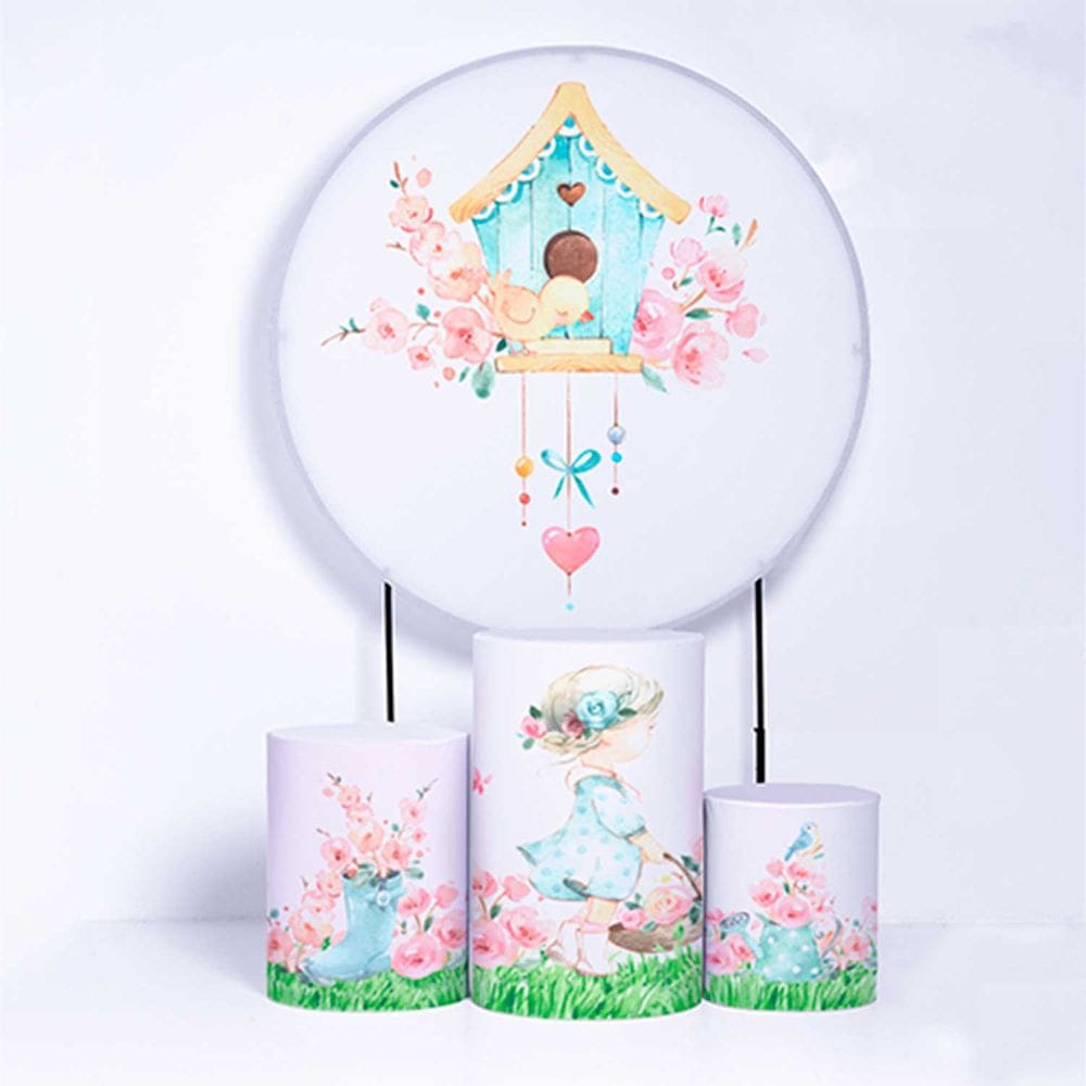 Kit Painel de Festa Redondo de 1,50m e Trio de Cilindros Boneca - Fera Print