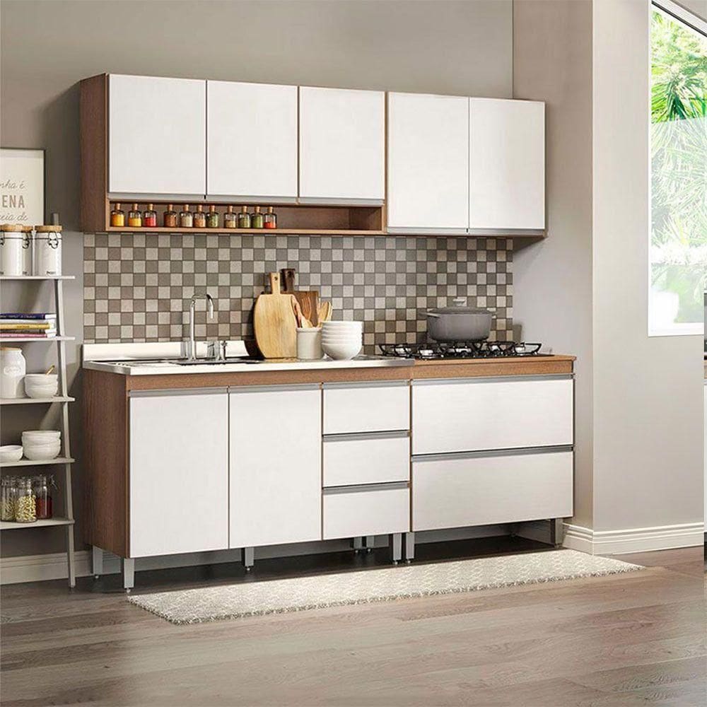 Cozinha Compacta Balcão Pia Cooktop Sabrina 4pçs Menu Móveis Branco Avelã