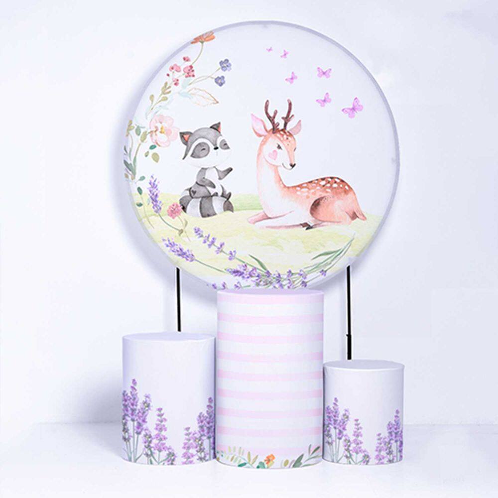 Kit Painel de Festa Redondo de 1,30m e Trio de Cilindros Bosque - Fera Print