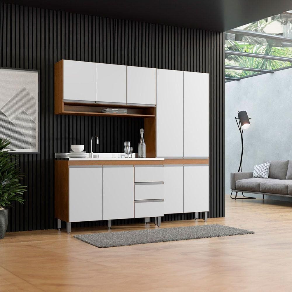 Cozinha Compacta Com Balcão Pia Sabrina 3pçs Mdp Menu Móveis Branco Avelã