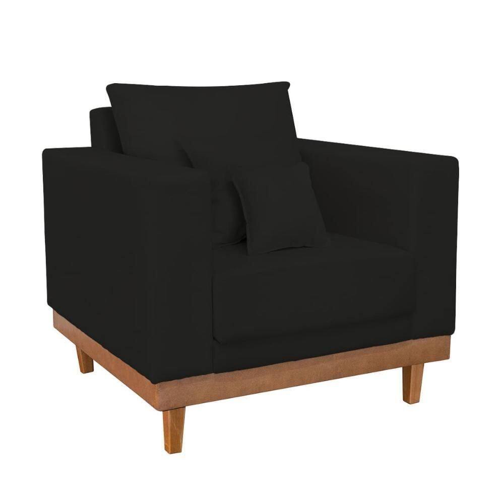 Sofá Poltrona Living Base Madeira Sala Quarto Recepção Suede Preto
