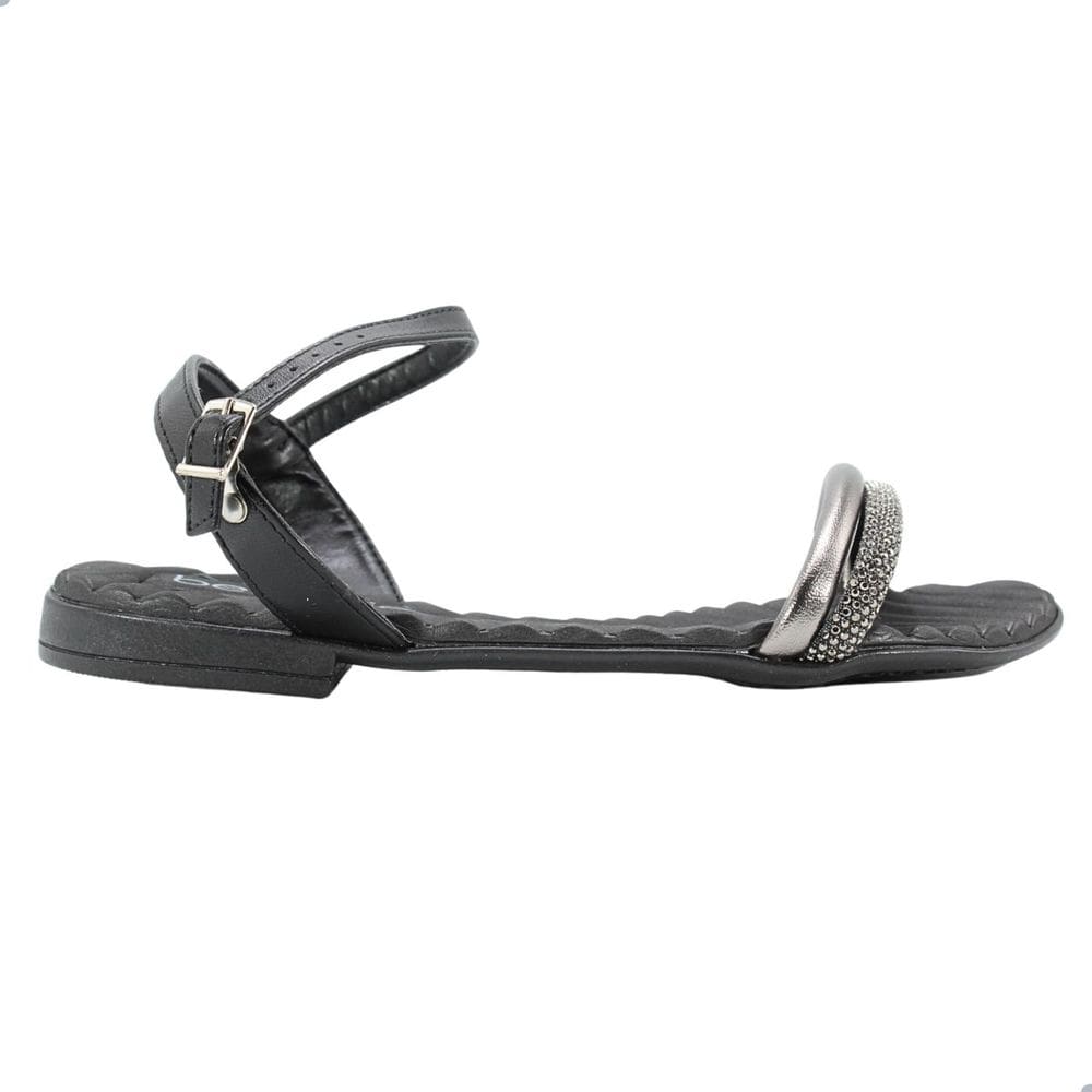 Sandália Rasteira Feminina Beira Rio Napa Turim Metalizado Preto Strass Grafite