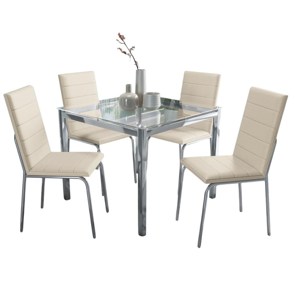 Conjunto Sala de Jantar 4 Cadeiras Mesa Tampo de Vidro Kappesberg Crome Cromado/Bege