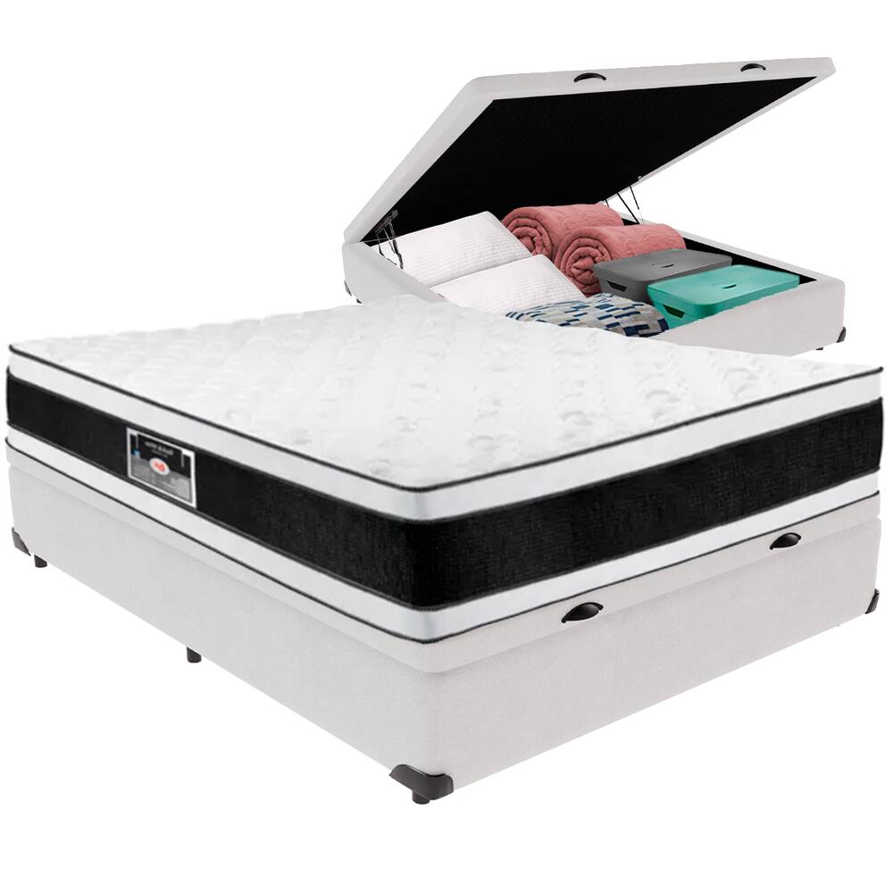 Cama Box Baú Branco e Colchão Black & White Air Double Face Espuma D33 Casal Castor