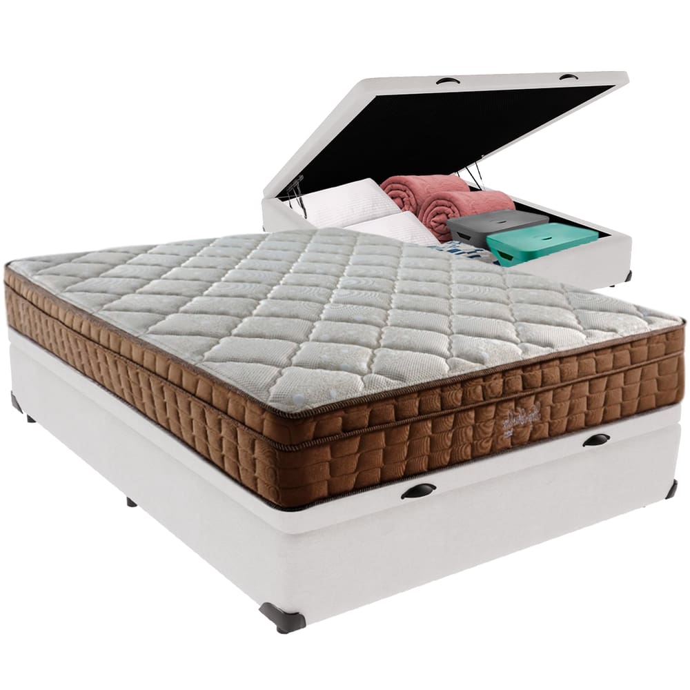 Cama Box Baú Branco e Colchão Anjos Star Pillow In Casal Anjos