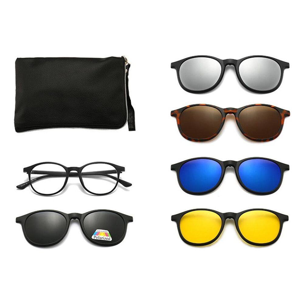 Armação Para Óculos + 5 Lentes Redondas Clip On De Sol
