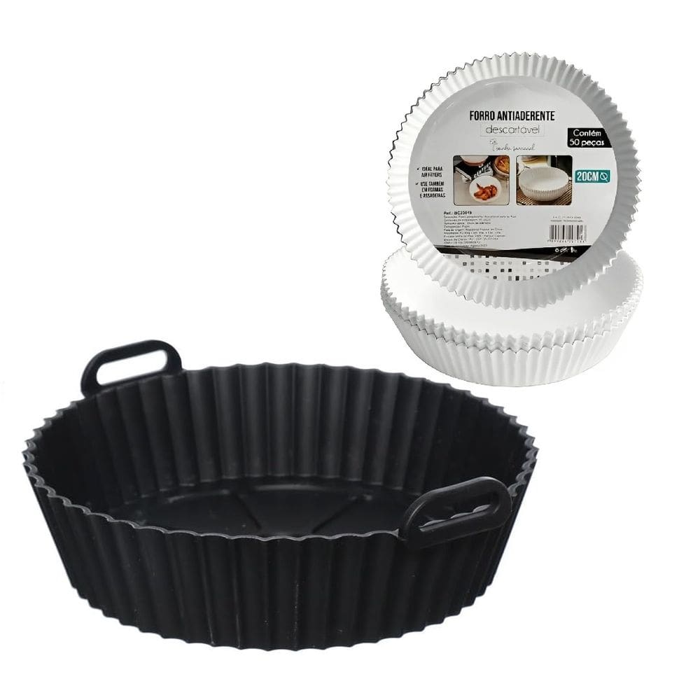 Kit Forma Silicone Redonda + 50 Folhas P/ Air Fryer 20cm