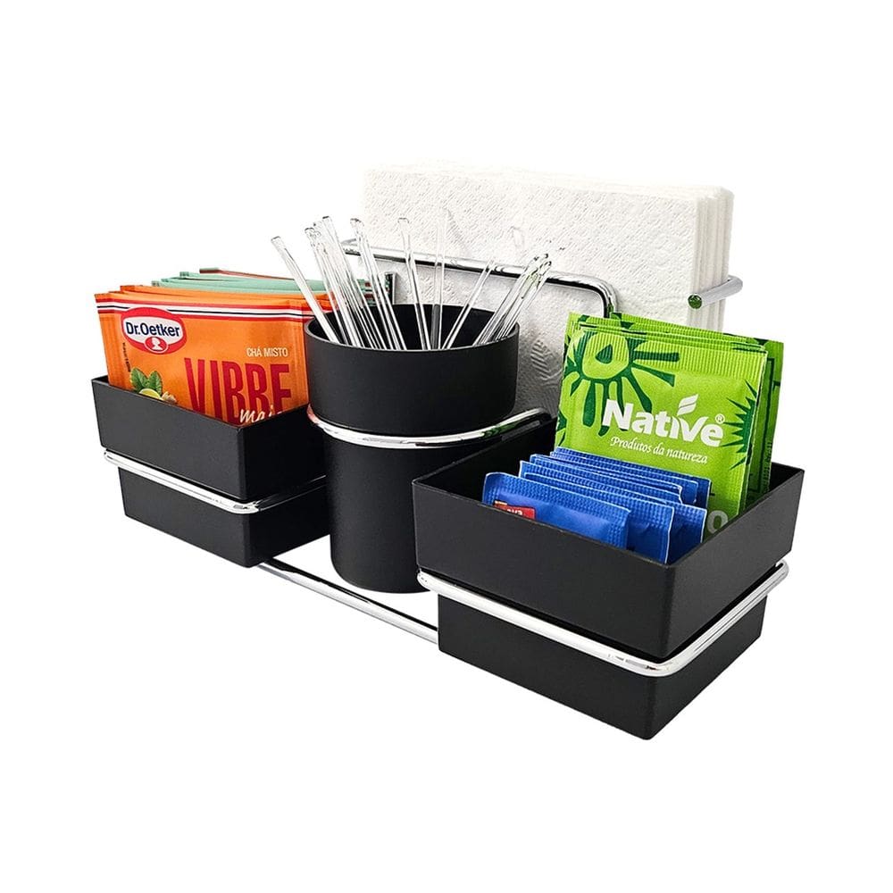 Porta Sachês Guardanapos Mexedor Açucar Chá Organizador Preto Cromado - 1224PTC Future