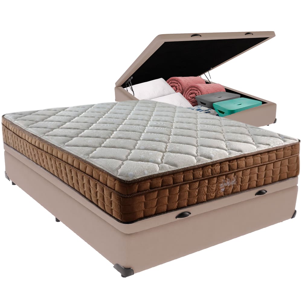 Cama Box Baú Bege e Colchão Anjos Star Pillow In Casal Anjos