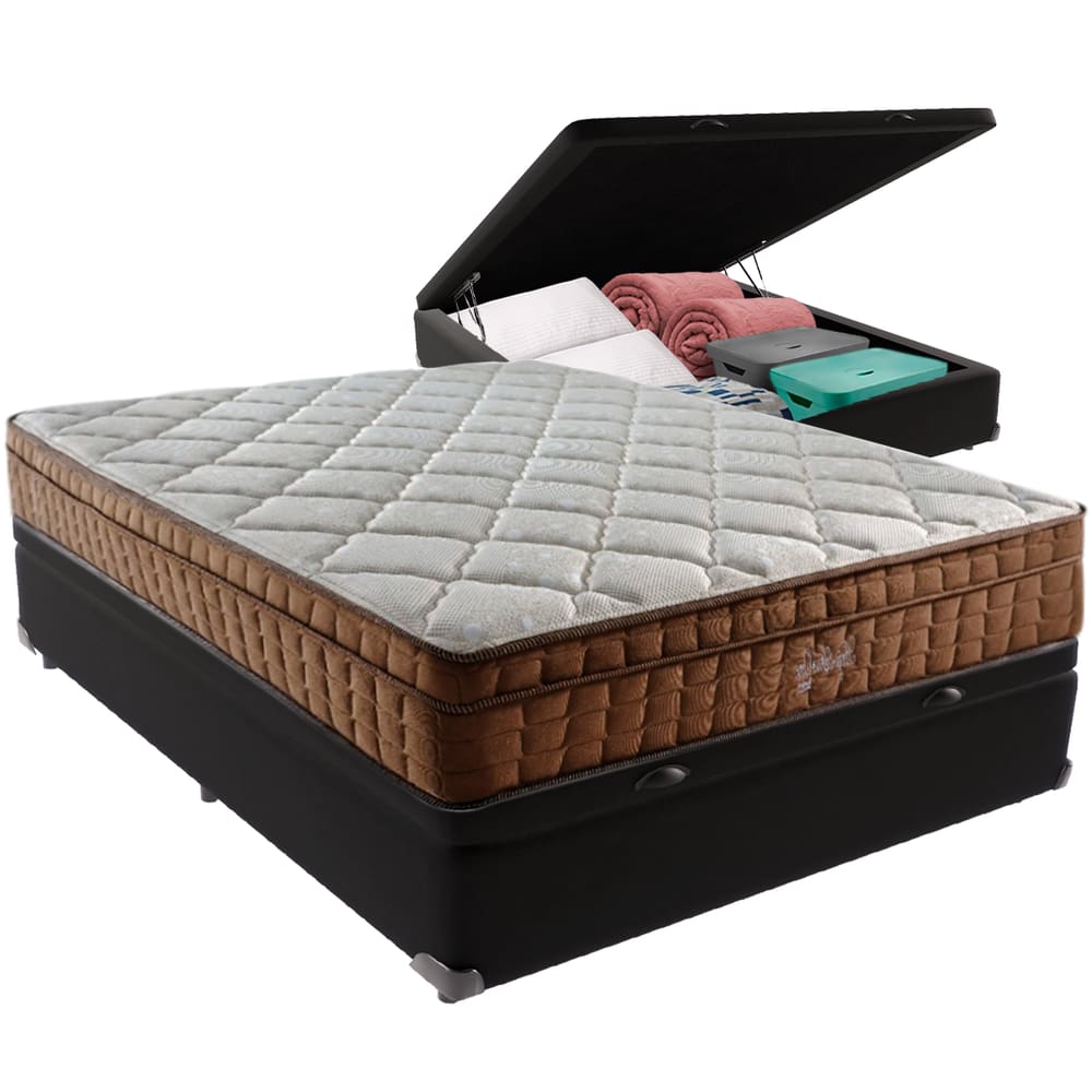 Cama Box Baú Preto e Colchão Anjos Star Pillow In Casal Anjos