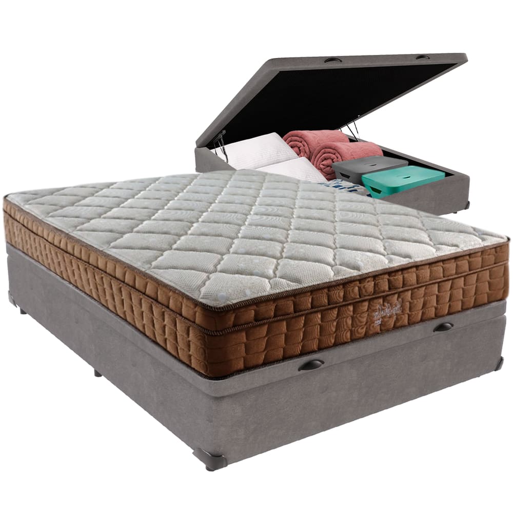 Cama Box Baú Cinza e Colchão Anjos Star Pillow In Casal Anjos
