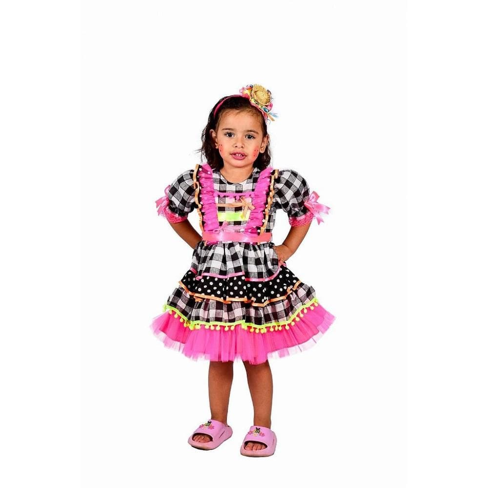 Vestido Junino Bambolê Fluor Com Babado Pink Tiara Colorido