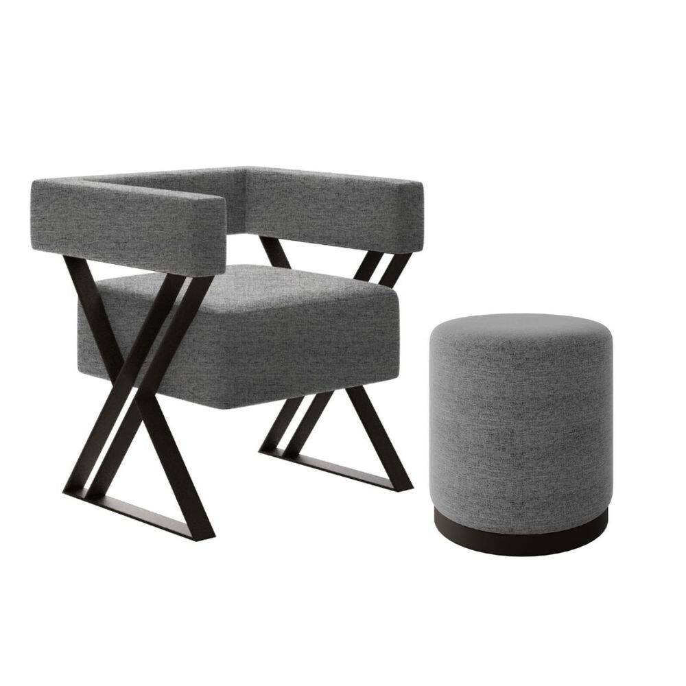 Kit Poltrona e Puff Decorativo Sara Estilo Industrial