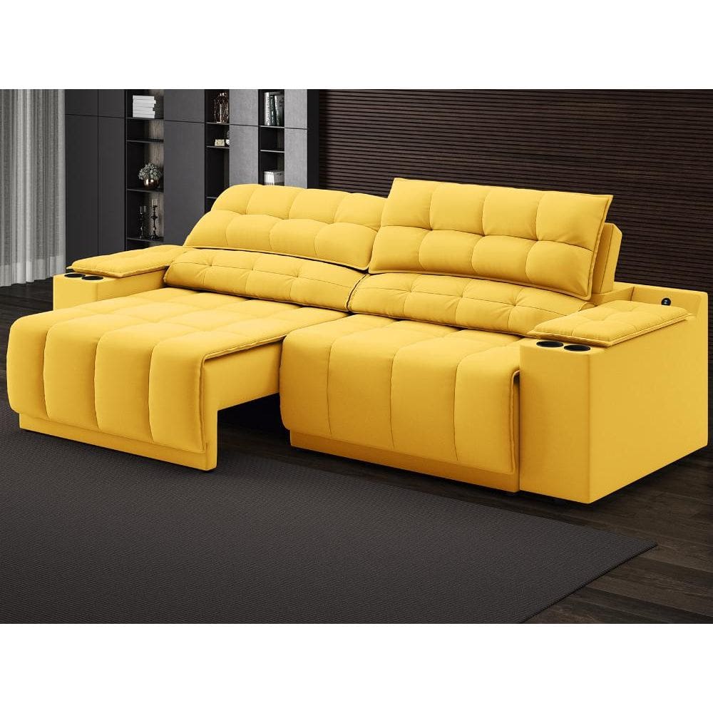 Sofá com Porta Copos Carregador USB Ret Rec Samurai 2,30m Velosuede Canário - NETSOFAS