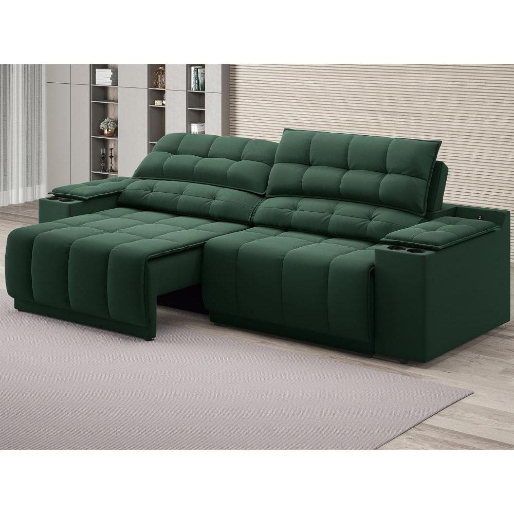 Sofá com Porta Copos Carregador USB Ret Rec Samurai 2,00m Velosuede Verde - NETSOFAS