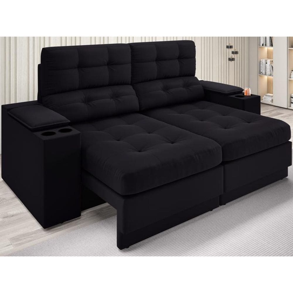 Sofá com Porta Copos e Carregador USB Eureka 1,70m Assento Retrátil e Reclinável Velosuede Preto - NETSOFAS