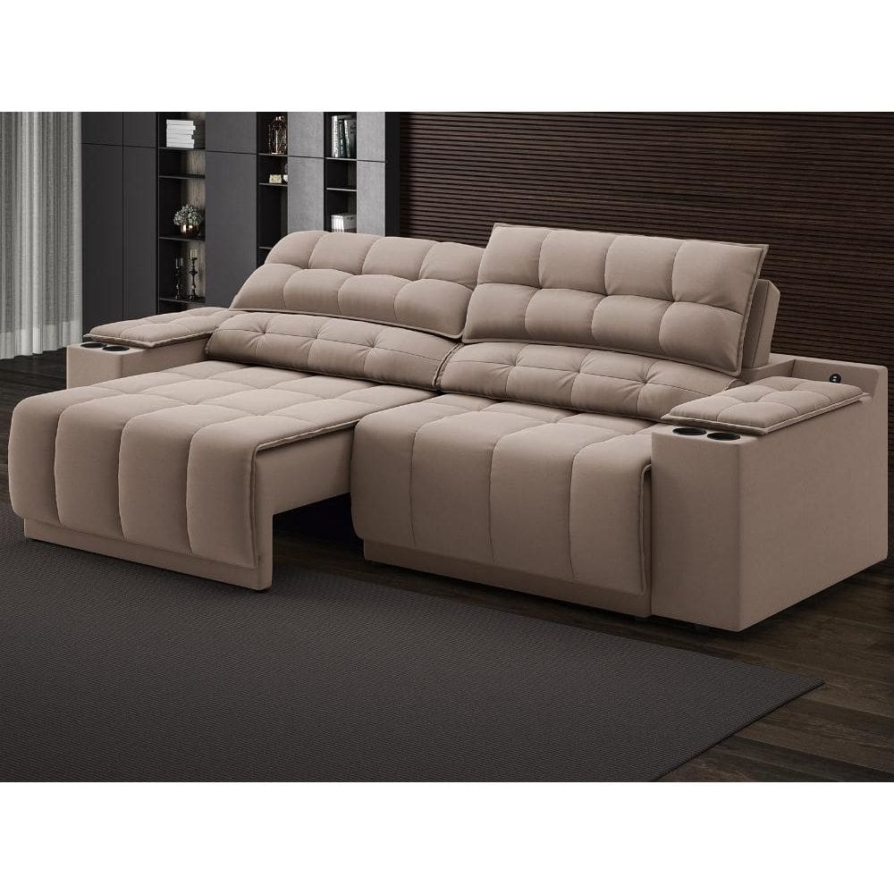 Sofá com Porta Copos Carregador USB Ret Rec Samurai 2,00m Velosuede Marrom - NETSOFAS