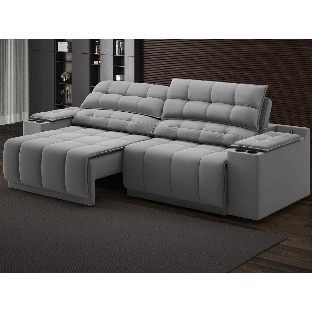 Sofá com Porta Copos Carregador USB Ret Rec Samurai 2,00m Velosuede Grafite - NETSOFAS