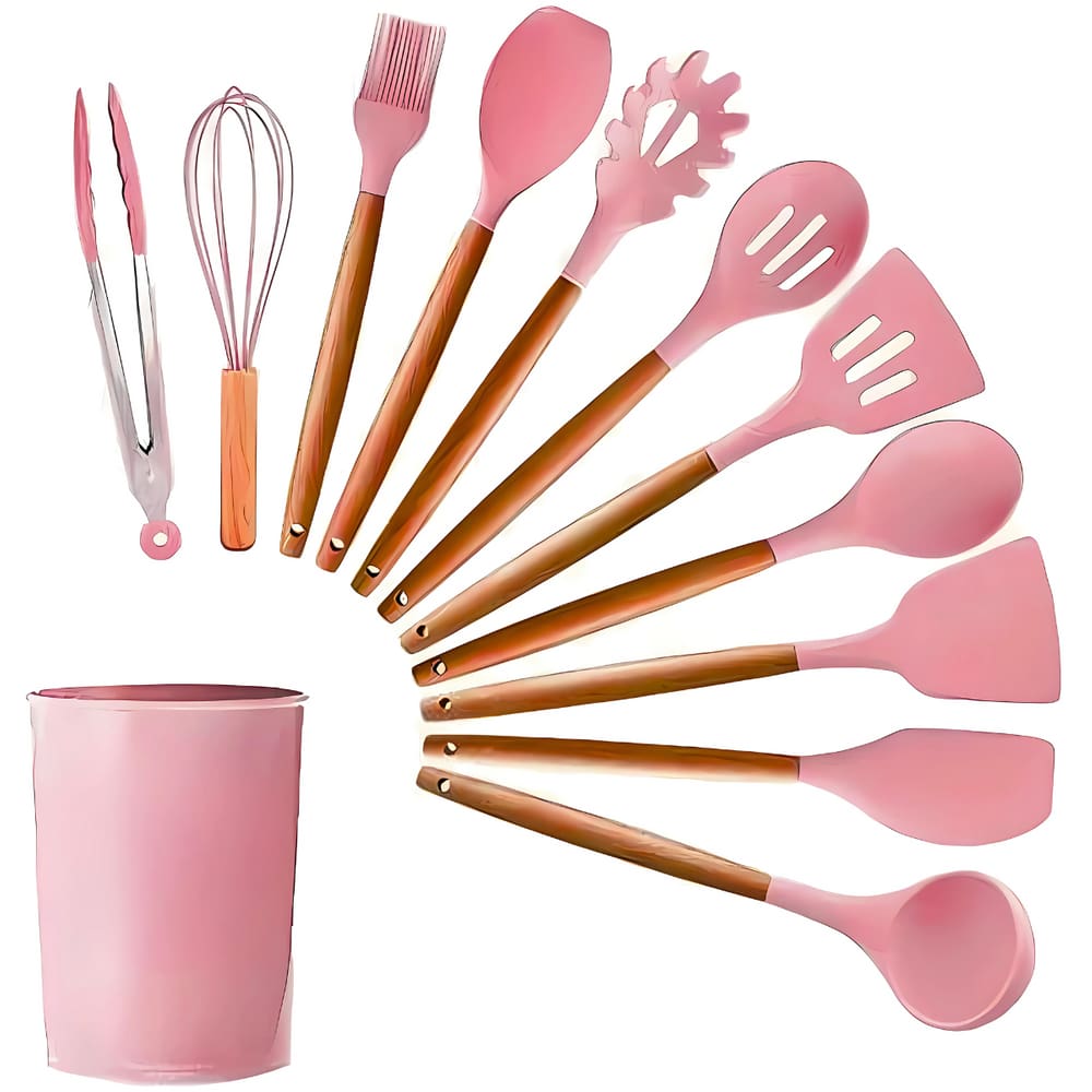 Kit 12 Utensílios de Silicone com Cabo de Madeira Conjunto para Cozinha Antiaderente