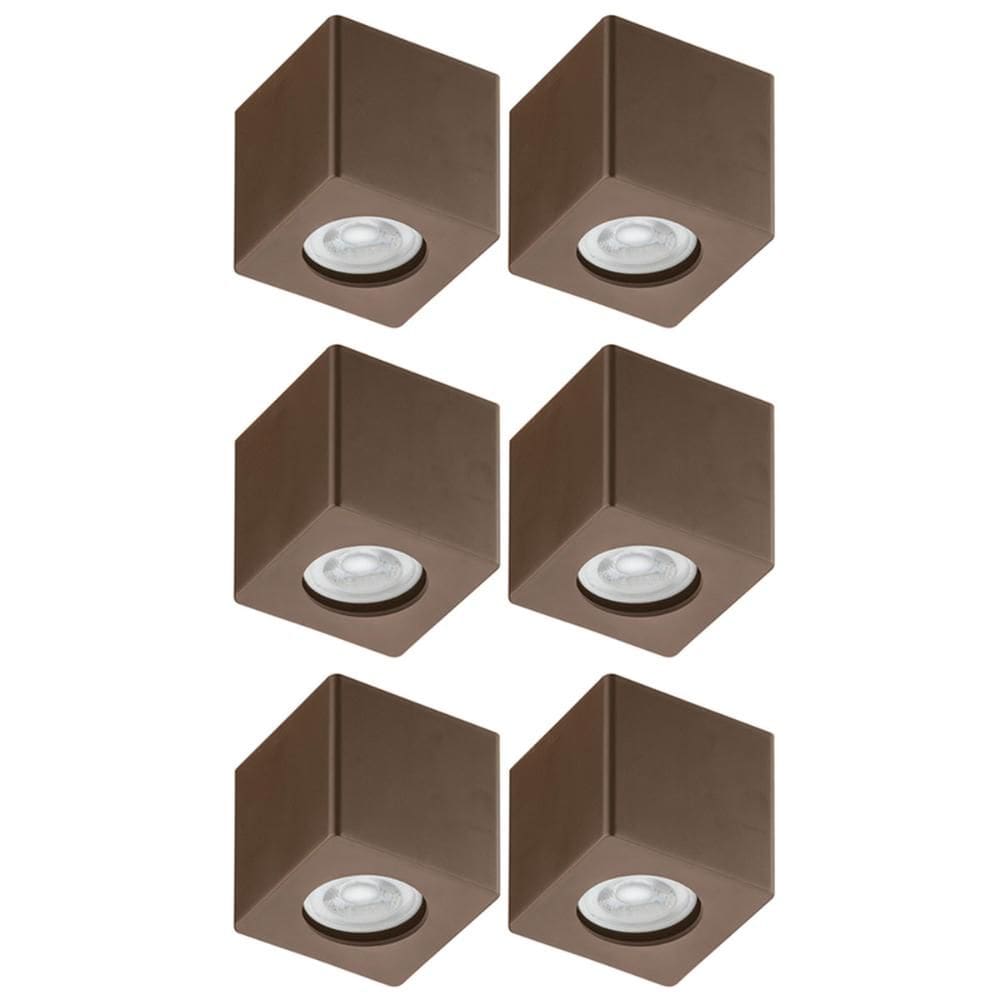Jogo 6 Spots Sobrepor Lâmpada MR16 8x8cm Quadrados Marrom Baixos Dital