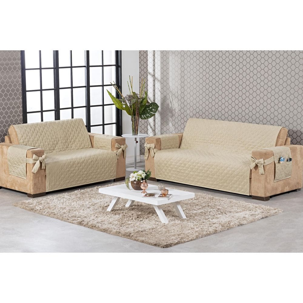 Kit Capa Protetora De Sofá 2 E 3 Lugares Bege Com Laço