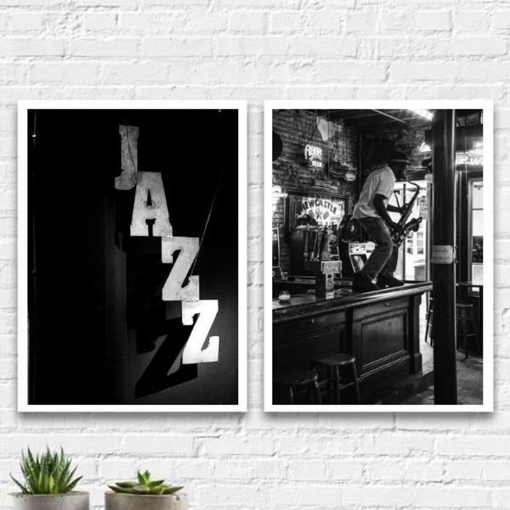 Kit 2 Quadros Jazz Restaurante 24X18Cm - Madeira Branca