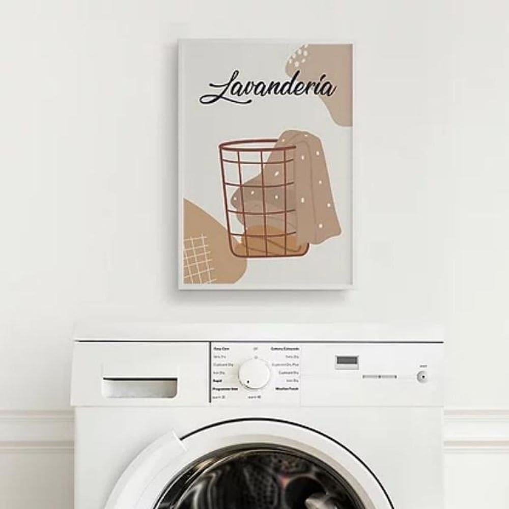 Quadro Para Lavanderia Cesto Roupas 45X34Cm Com Vidro Branca
