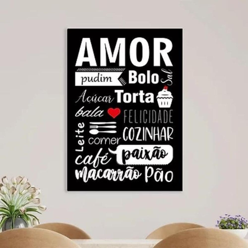 Quadro Cozinha Amor Nome De Comidas 45X34 C/Vidro - Preta