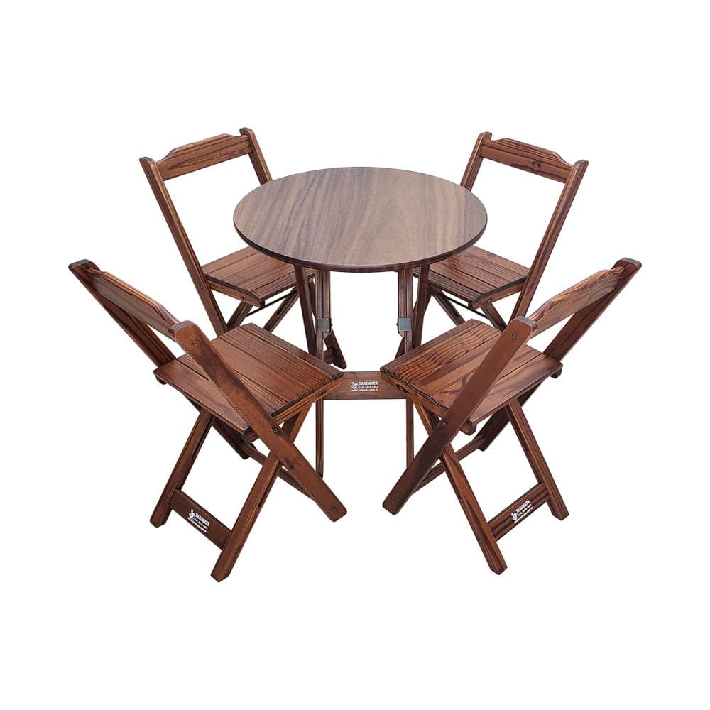 Mesa Dobrável de Madeira Redonda 70cm com 4 Cadeiras Imbuia - Tarimatã