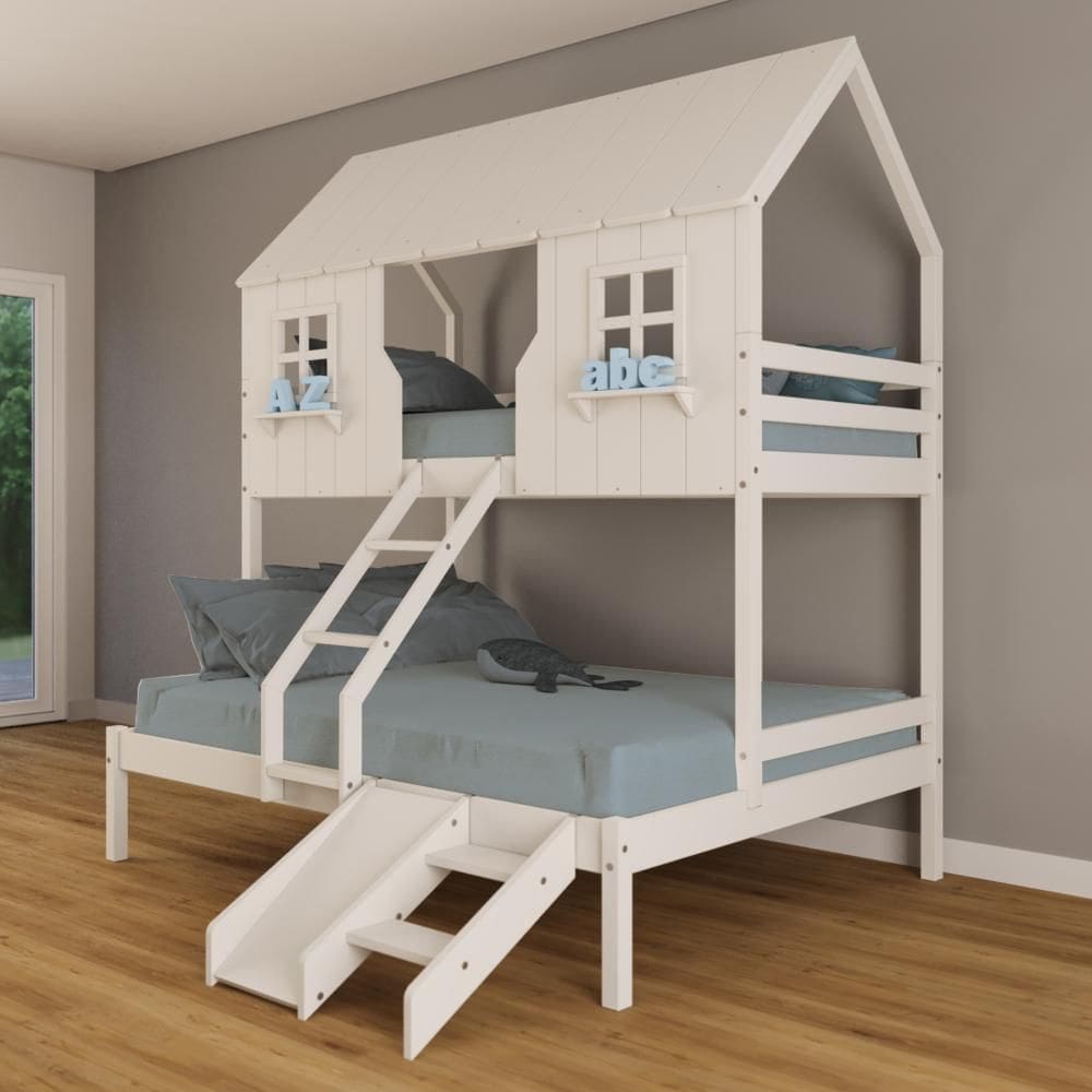 Beliche Casal/ Solteiro Casinha Encantada com Kit Escada/ Escorregador Madeira Maciça Branco Housin