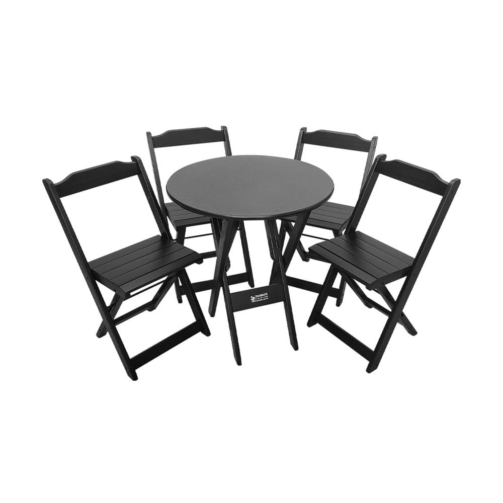 Conjunto Dobrável Mesa de Madeira 70cm Redonda com 4 Cadeiras Preta - Tarimatã