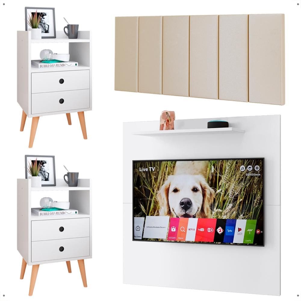 Kit 2 Mesinhas Gavetas Painel Branco Tv 32 Polegadas Prateleira Cabeceira Areia Suede Almofadada Cama Box King Size 1,95 - Lojas RPM