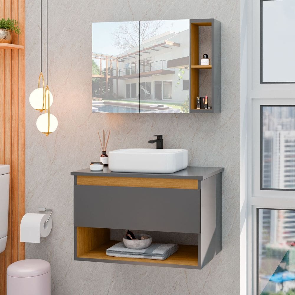 Conjunto Para Banheiro Gabinete Suspenso com Cuba e Espelheira Florence Cinza com Nature - Rede Móveis