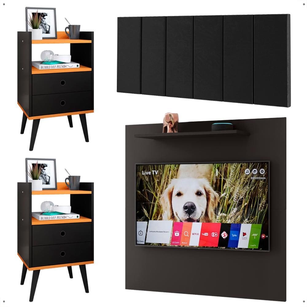 Kit 2 Mesinhas Gavetas Painel Preto/Cinamomo Tv 32 Polegadas Prateleira Cabeceira Suede Almofadada Cama Box King Size 1,95 - Lojas RPM