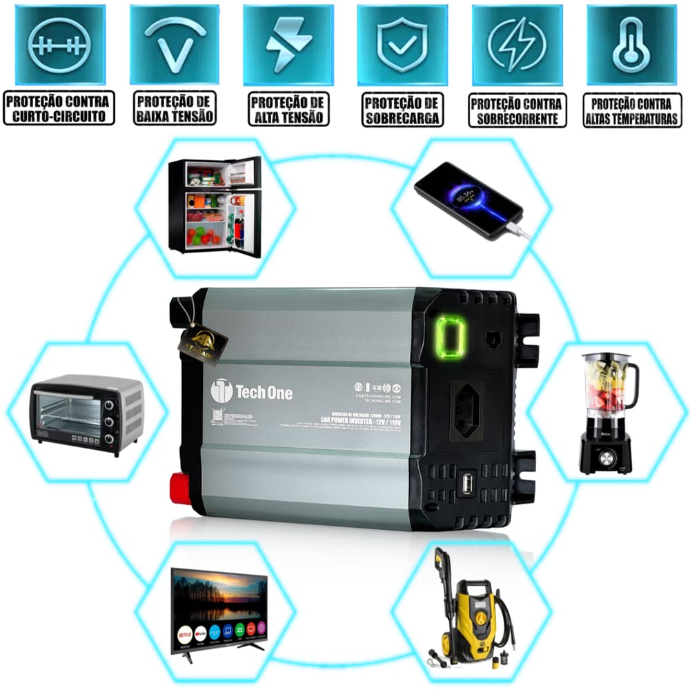 Inversor De Tensão 500w 12v P/ 110V ou 220V Conversor de energia Entrada Usb Tech One